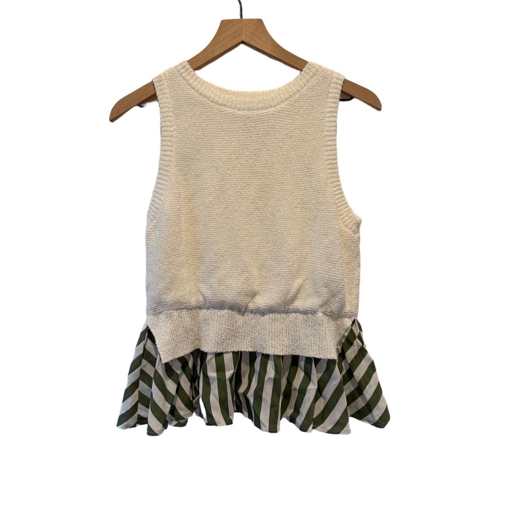 En Saison Womens Size M Cream Sleeveless Sweater Knit Top Striped Ruffle Hem